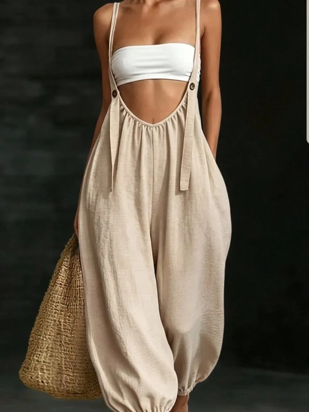 Khaki Casual Boho Women's Sleeveless Long Jumpsuit
